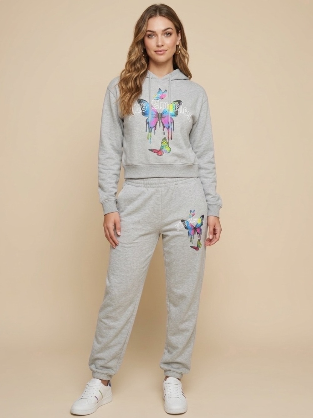 Boohoo Grey Los Angeles Dripping Butterfly Graphic Hoodie & Jogger Set Size Smal